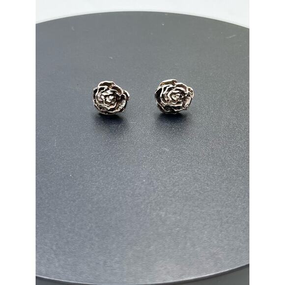 M Designer Signed Sterling Silver Diamond Cut Rose Stud Pierced Earrings Mexico - Picture 6 of 11